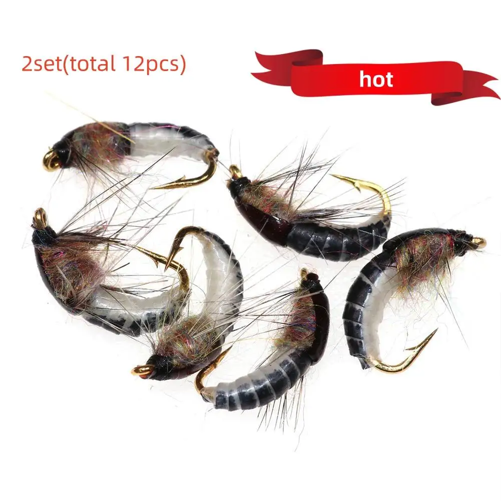 

For Bimoo 2set 12PCS #12 Realistic Nymph Scud Fly for Trout Fishing Nymph Artificial Insect Bait Lure Caddis Nymph Fishing Fly