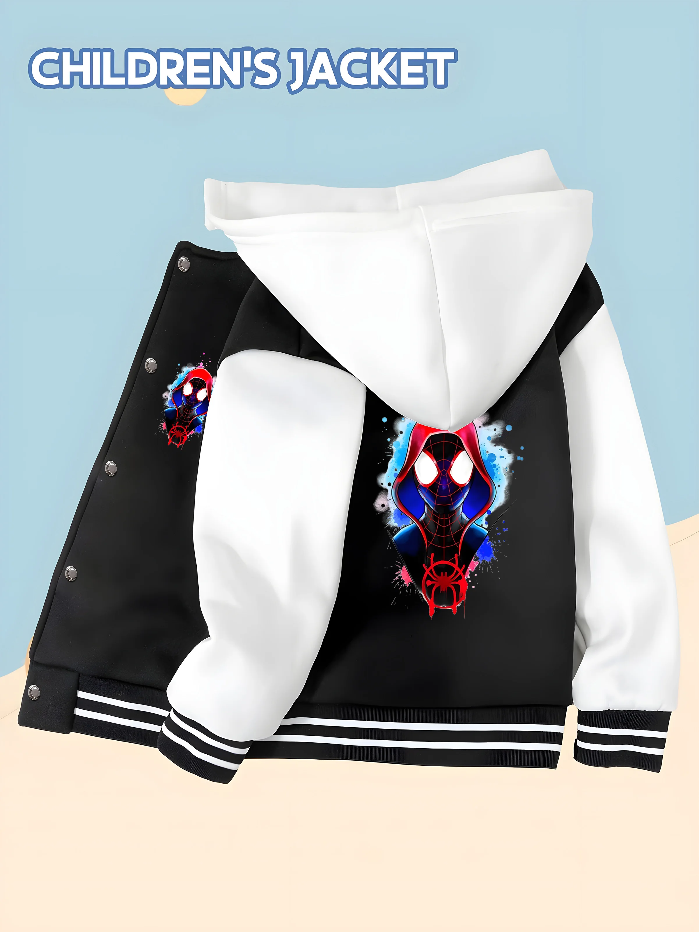 

MINISO Marvel letter Spider-Man children's baseball uniform cute hero design, hooded baseball version, children's wear choice