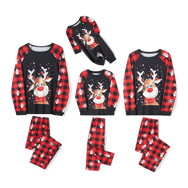 Christmas Family Matching Pajamas Set Long Sleeve Santa Claus Print Tops with Reindeer Print Pants and Matching Hats