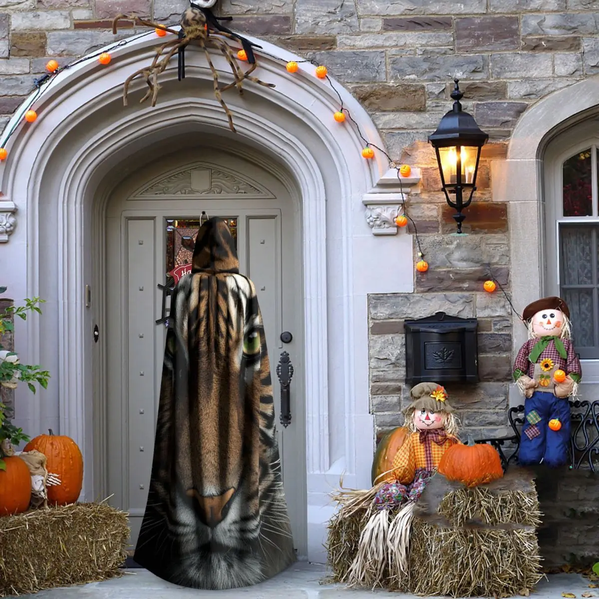 Эскиз из меха тигра, цветное изображение, длинный плащ с капюшоном, средневековый костюм ведьмы, накидка для косплея, пальто на Хэллоуин для взрослых, унисекс