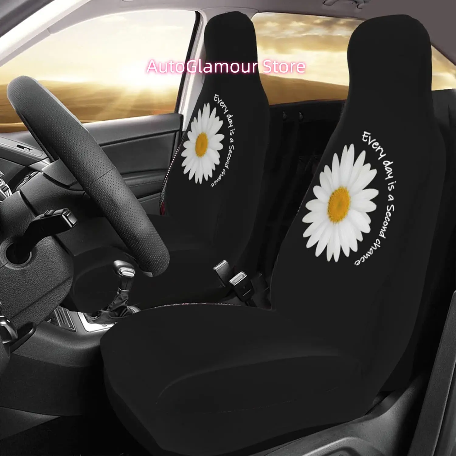 White Daisy Floral Car Seat Covers Set of 2, Non-Slip Front Car Seats Covers Funny Bucket Seat Protectors Universal for Suvs,Tru