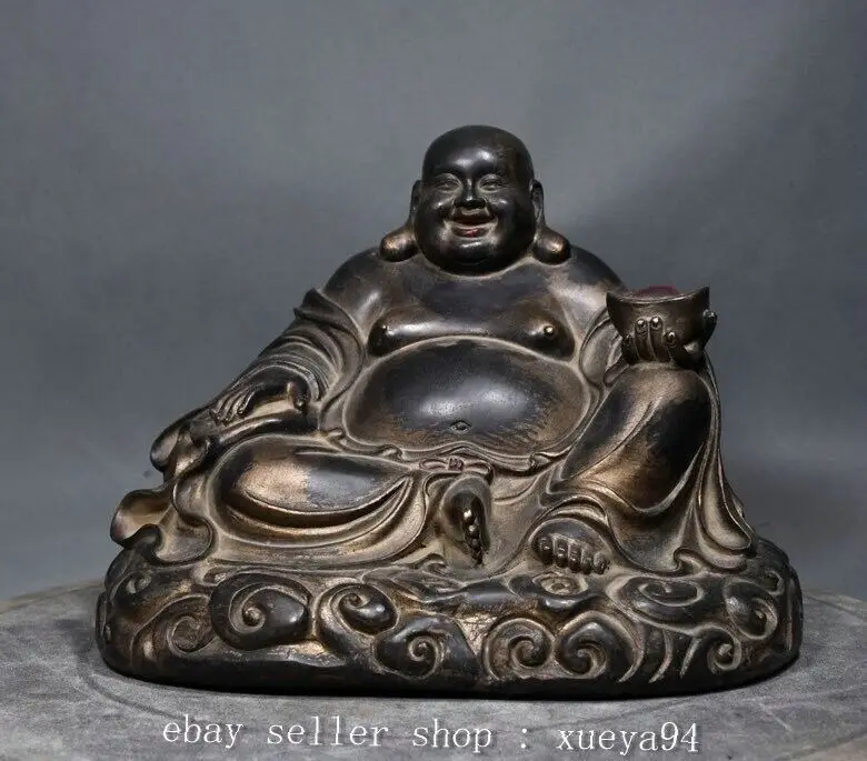 9.8'' Chinese Ancient Buddhism Bronze Yuanbao Happy Laugh Maitreya Buddha Statue