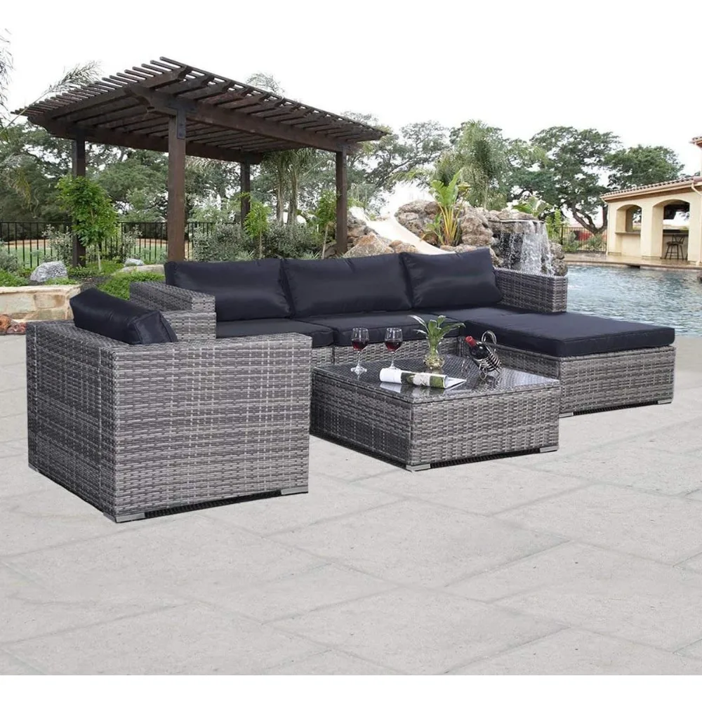 

6pc Patio Sofa Furniture Set Pe Rattan Couch Outdoor Steel Cushioned Gray
