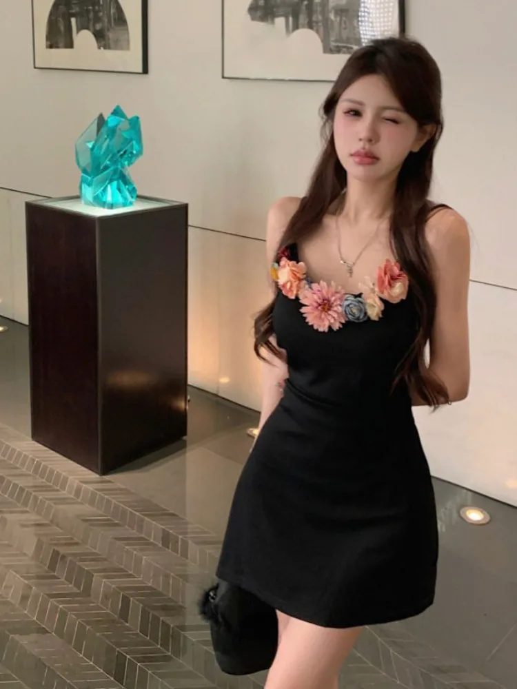 2024 Vestidos De Mujer Sexy Korean Dresses Women 3D Flower Sleeveless Temperament Robe Femme Fashion Bodycon Mini Summer Dress