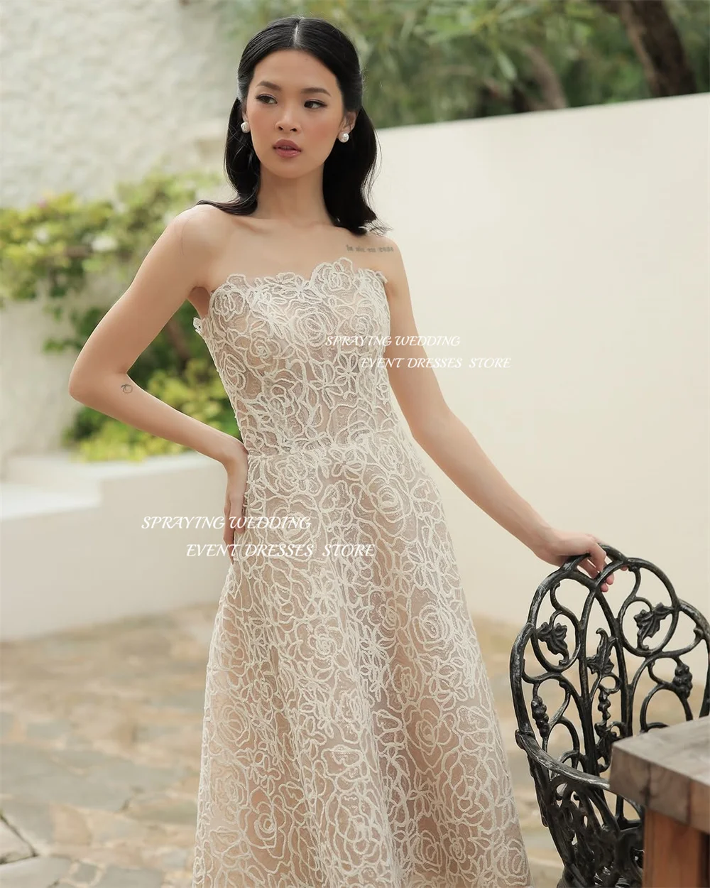 SPRAYING Robe de soirée élégante en dentelle scintillante, épaules dénudées, sans bretelles, ligne a, longueur thé, robe de soirée formelle personnalisée