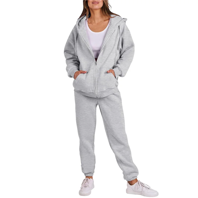 

ABHQ-Women Zip Up Hoodies Long Sleeve Solid Color Fall Casual Fashion Jackets With Trousers Set