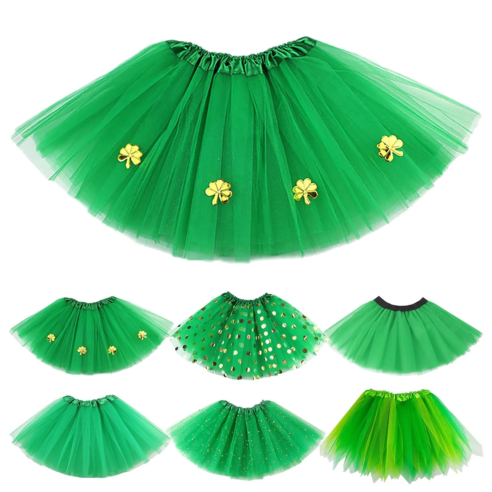 Layered Kids Girls Tutu Skirt Irish Party Saint Patricks Pat St Paddys Day Tulle Skirts Women Fluffy Pleated Mini Sequin Dance