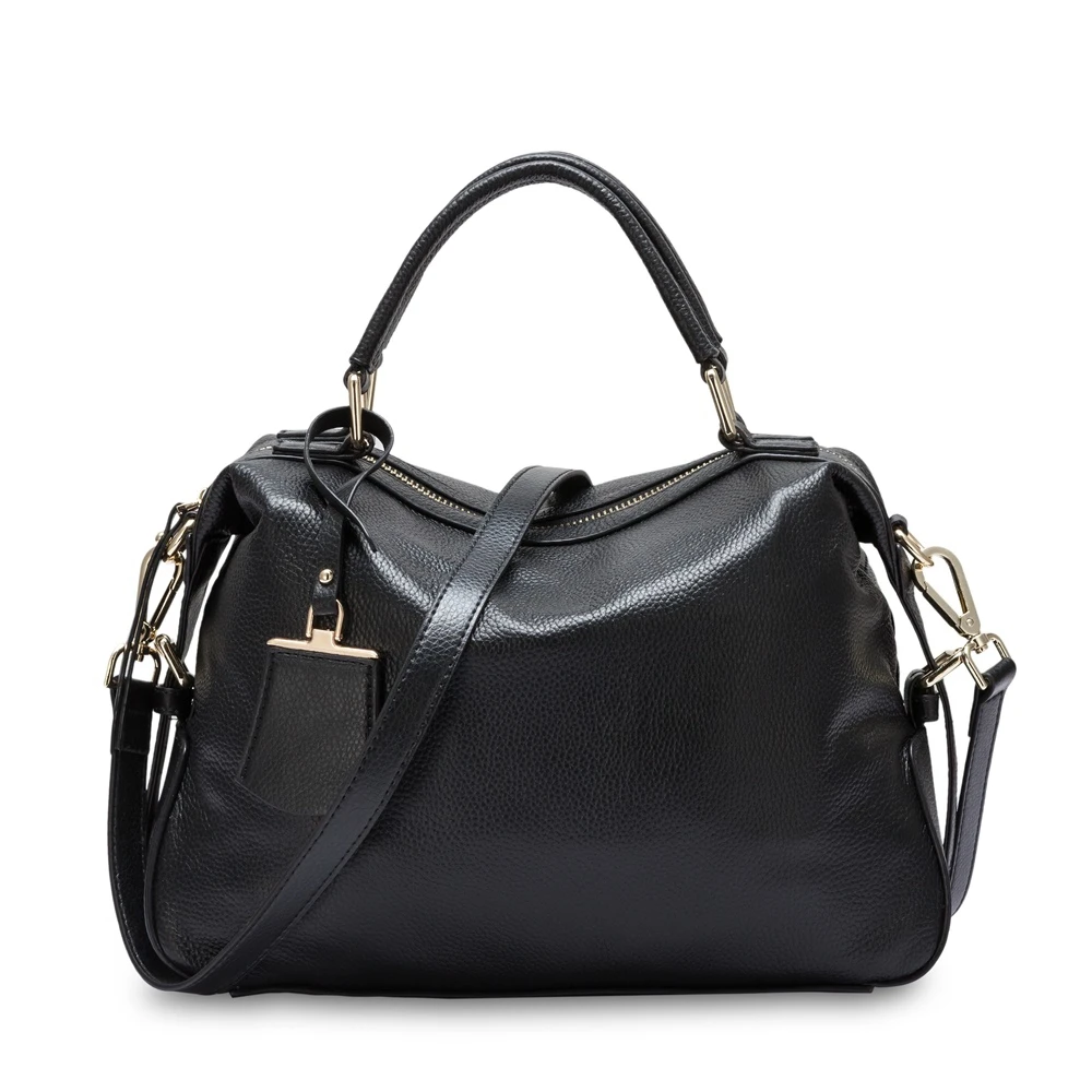 Zency 100% Genuine Cowhide Leather Fashion Women Tote Bag Classic Black Boston Handbag Double Strap Crossbody Bag Bolsa Feminina