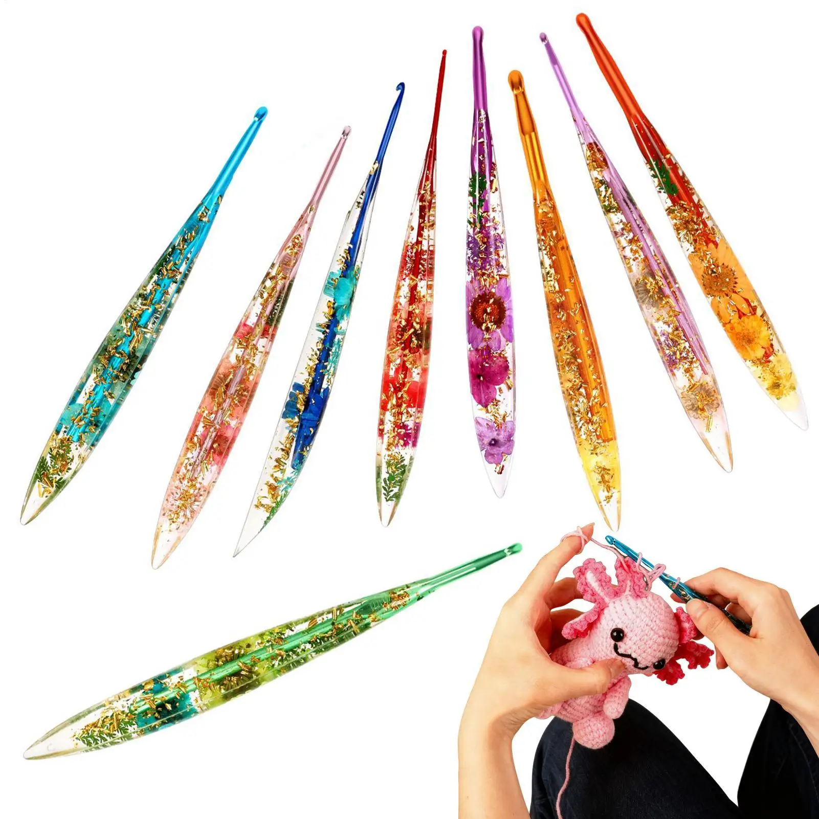 الراتنج الكروشيه السنانير مجموعة 9 قطع أنيق الأزهار نمط جميلة الحرفية الغزل نسج الحرفية الفن الغزل الكروشيه السنانير عدة لدمية بطانية #1