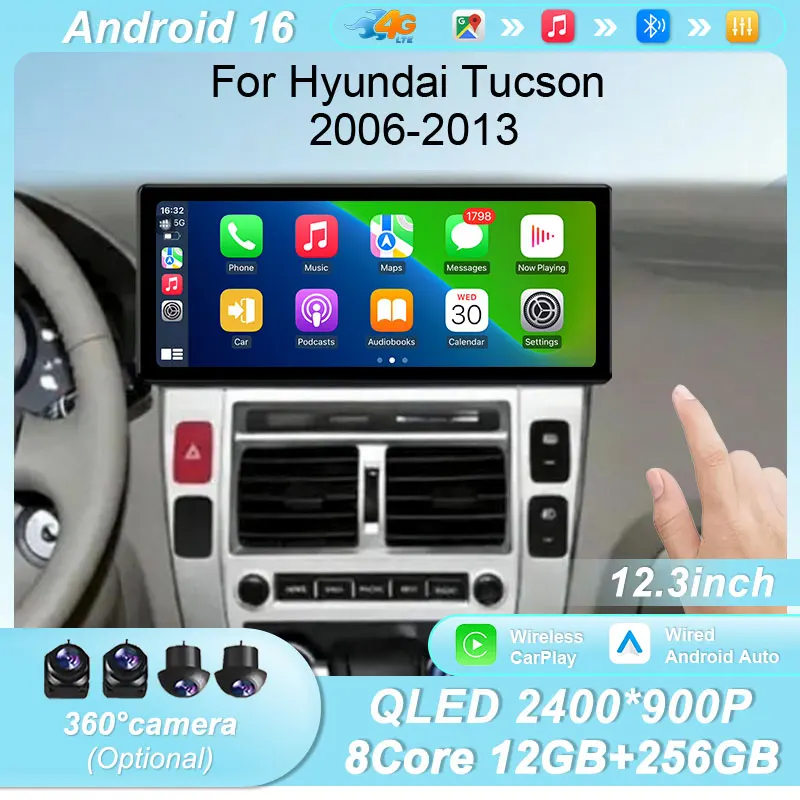 

Автомагнитола Android 16 с 12.3-дюймовым экраном для Hyundai Tucson 2006-2013, беспроводной CarPlay, GPS, BT, WiFi, DSP, IPS, HD, сенсорный экран, мультимедийный проигрыватель