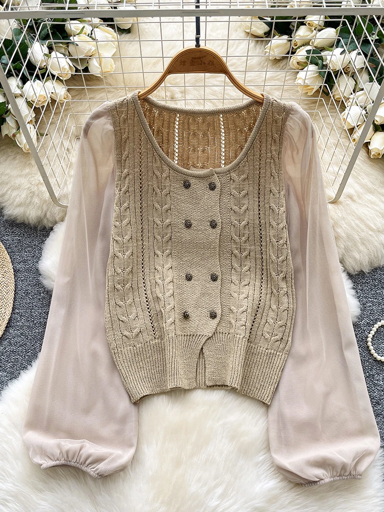 Cardigan femme chemise japon coréen Chic maille à manches longues Patchwork col rond tricoté Cardigan décontracté petit haut CG018