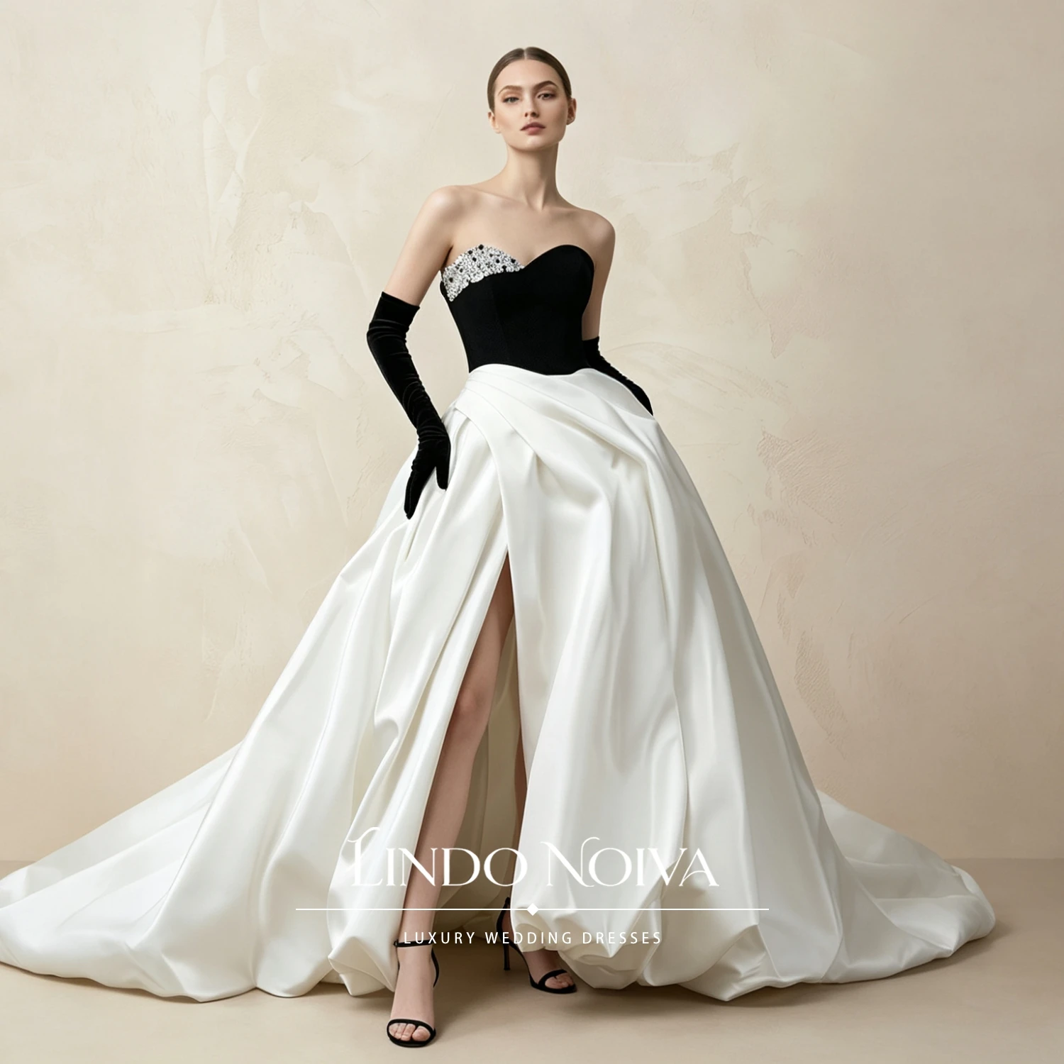 LINDO NOIVA Sweetheart Customized A Line Wedding Dress Elegant Beaded Long Satin Bridal Gown Black White Vestidos De Novia