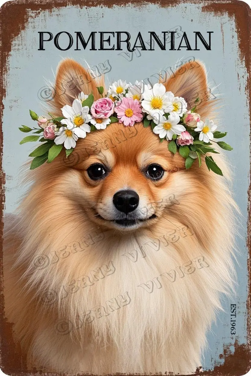 Vintage Metal Sign - Pomeranian With Flower Crown Desgin Rustic Farmhouse Deccor for Bedroom Bathroom Kitchen Pet Corners
