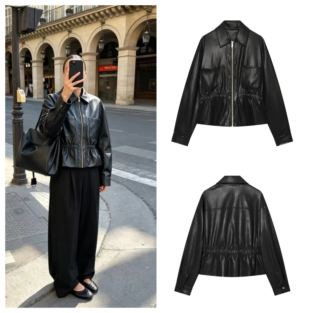 Guobioziy 2026 Autumn New Women's Leather Jacket Long Sleeve Turn-down Collar Elastic Waist Belt Pocket Casual Fashion Jacket
