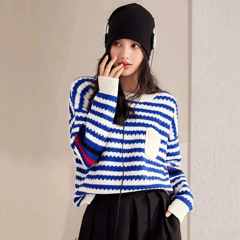 Autumn Fashion Design Sense Niche Sweater Women Stripe Sweater Streetwear Long Sleeve Knitted Tops Female Loose Pullover