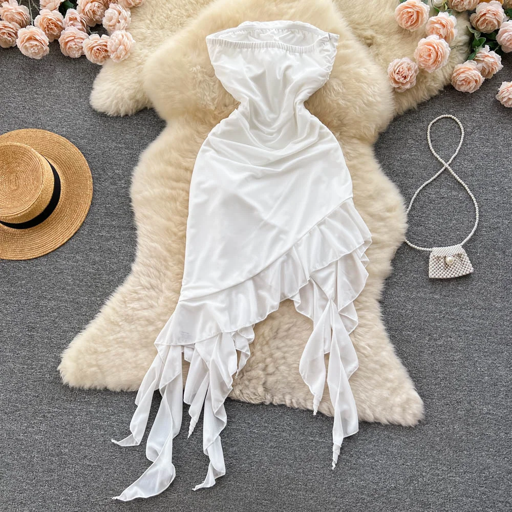 Foamlina 2025 Summer Women Sexy Strapless Tube Dress White Sleeveless Chest Padded Flower Irregular Ruffles White Holiday Dress