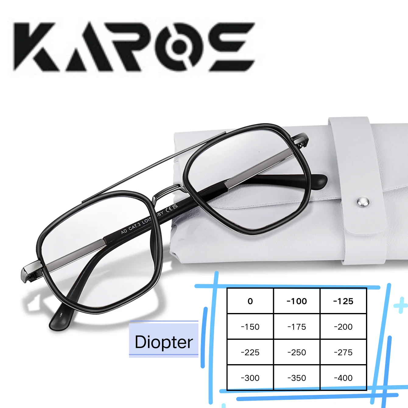 Karos Lesebrille mit Sehstärke für Männer und Frauen, quadratische Sonnenbrille, 0 -100 -200 -300 -400, klare Sicht für das Büro und das Studium