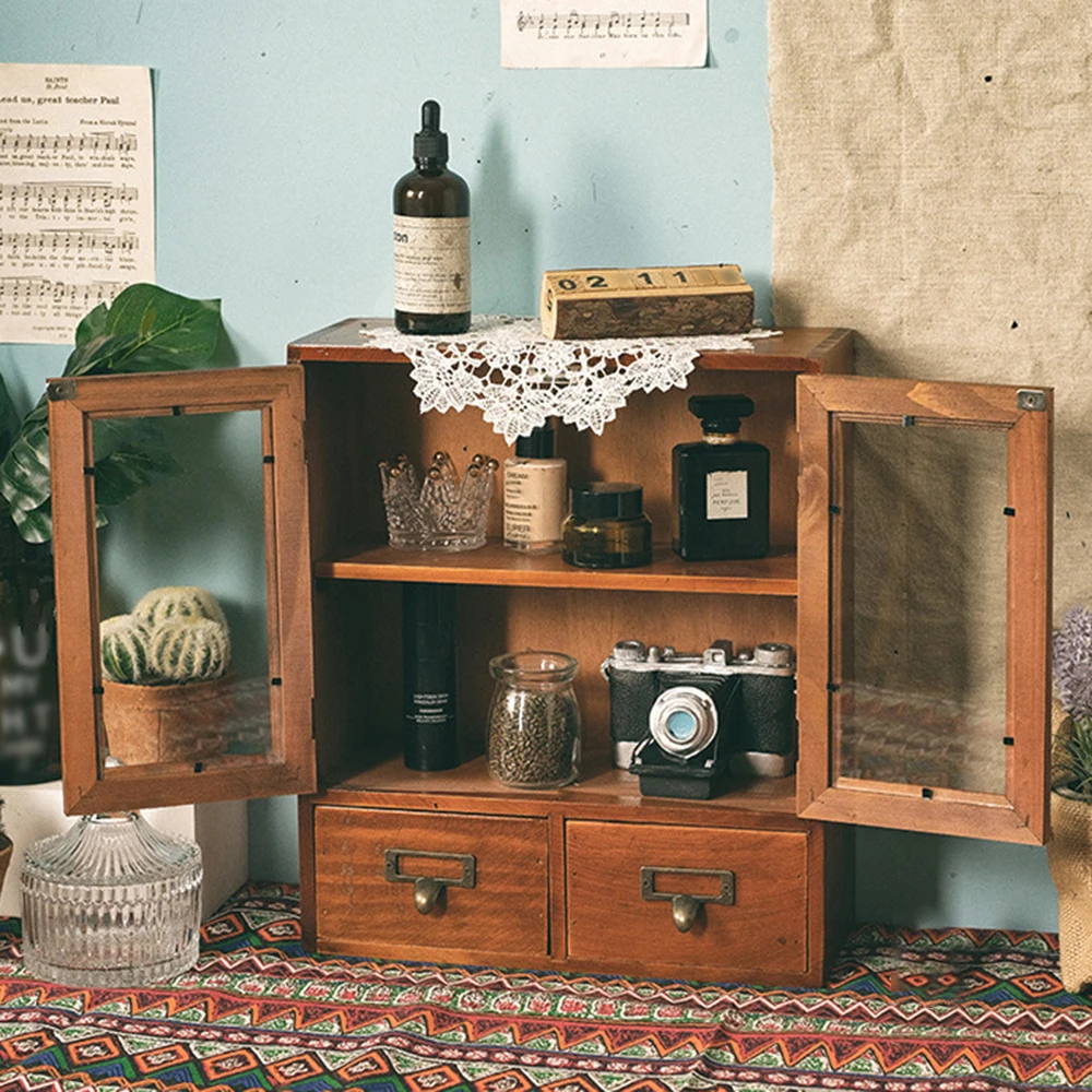 1 قطعة الخشب الصلب خمر باب مزدوج عرض خزانة النثرية مستحضرات التجميل درج صندوق تخزين مكتبي خشبي #2