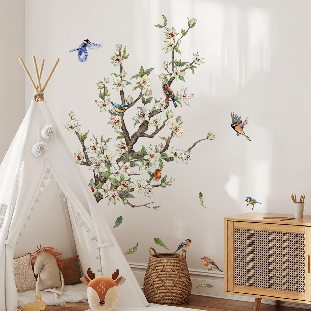 2pcs Green Branch Bird Wall Sticker Living Room Bedroom Study Dining Room Background Layout Mural Wall Sticker Wallpaper Ms3126