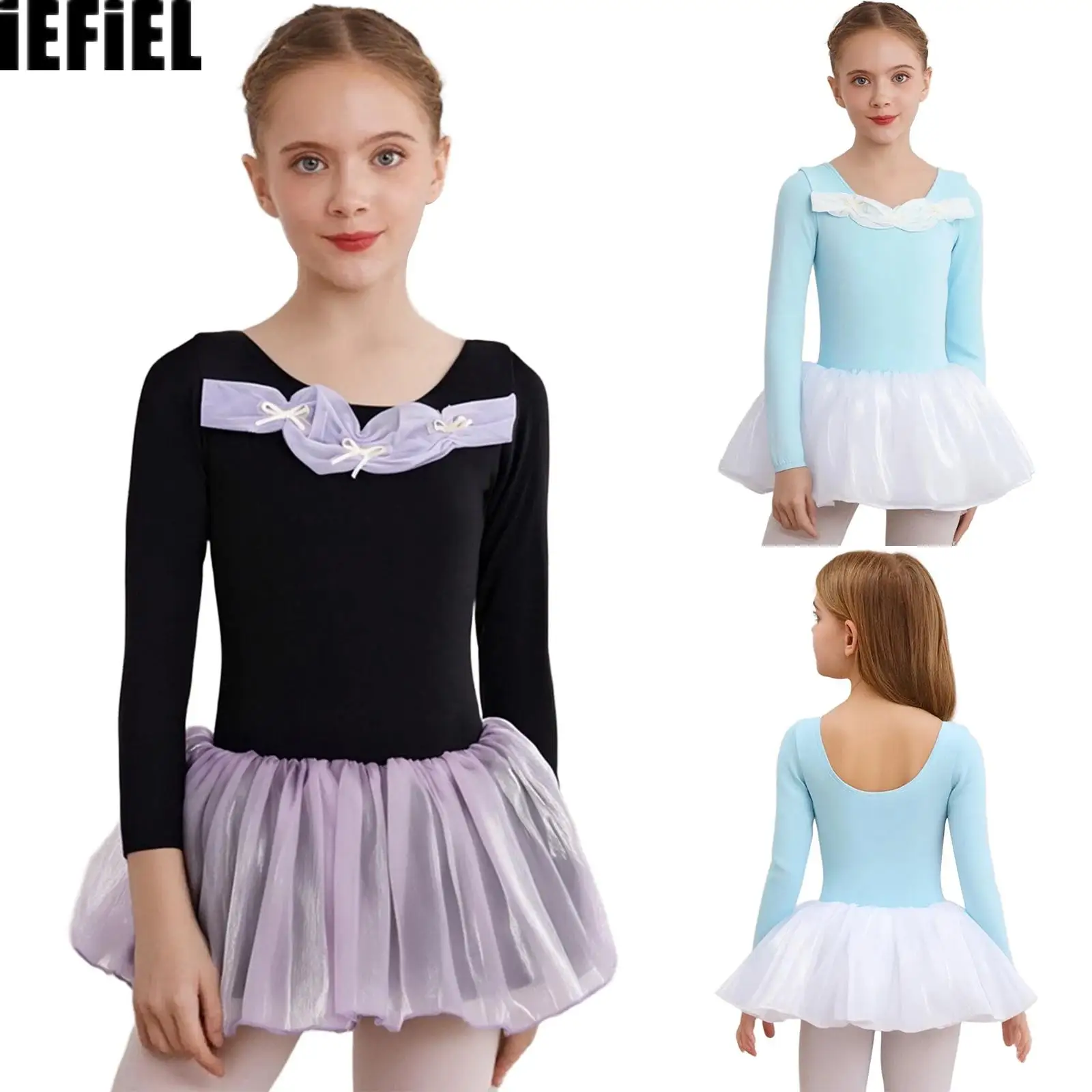 

Kids Girls Tutu Dance Dress Bowknots Ruched Ballet Dresses Long Sleeve Ballet Dress for Stage Performance Competition