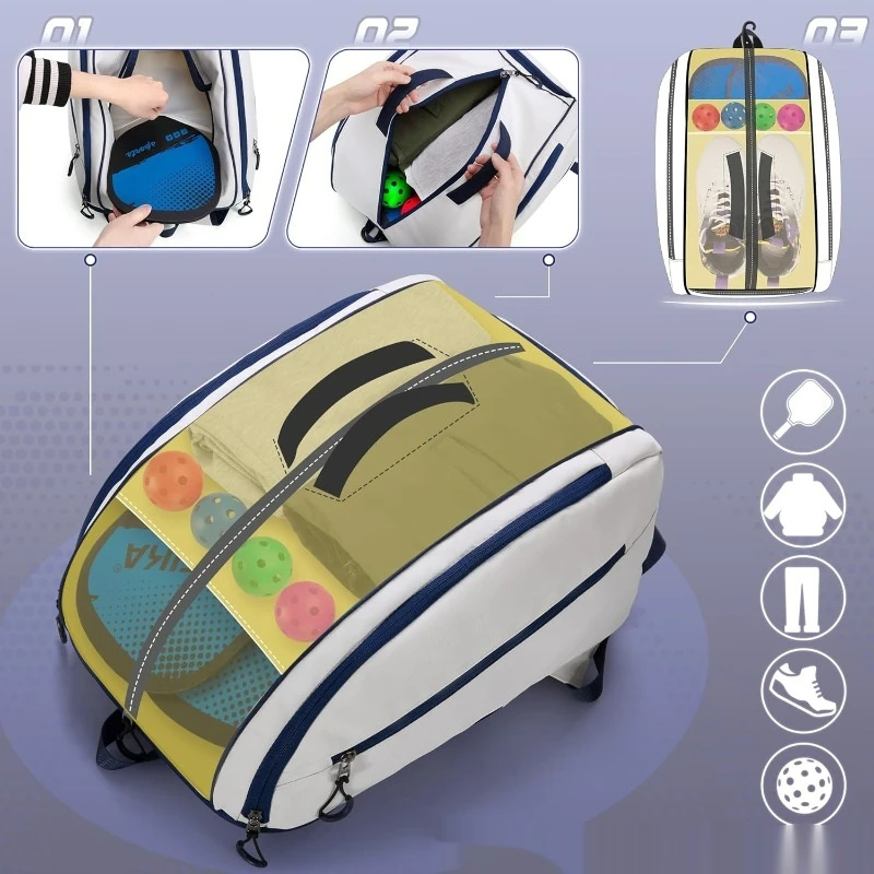 Unisex Pickleball Racket Storage Backpack Waterproof Easy Clean with Shoe Compartment Adjustable Multi-Layer Double Shoulder Bag