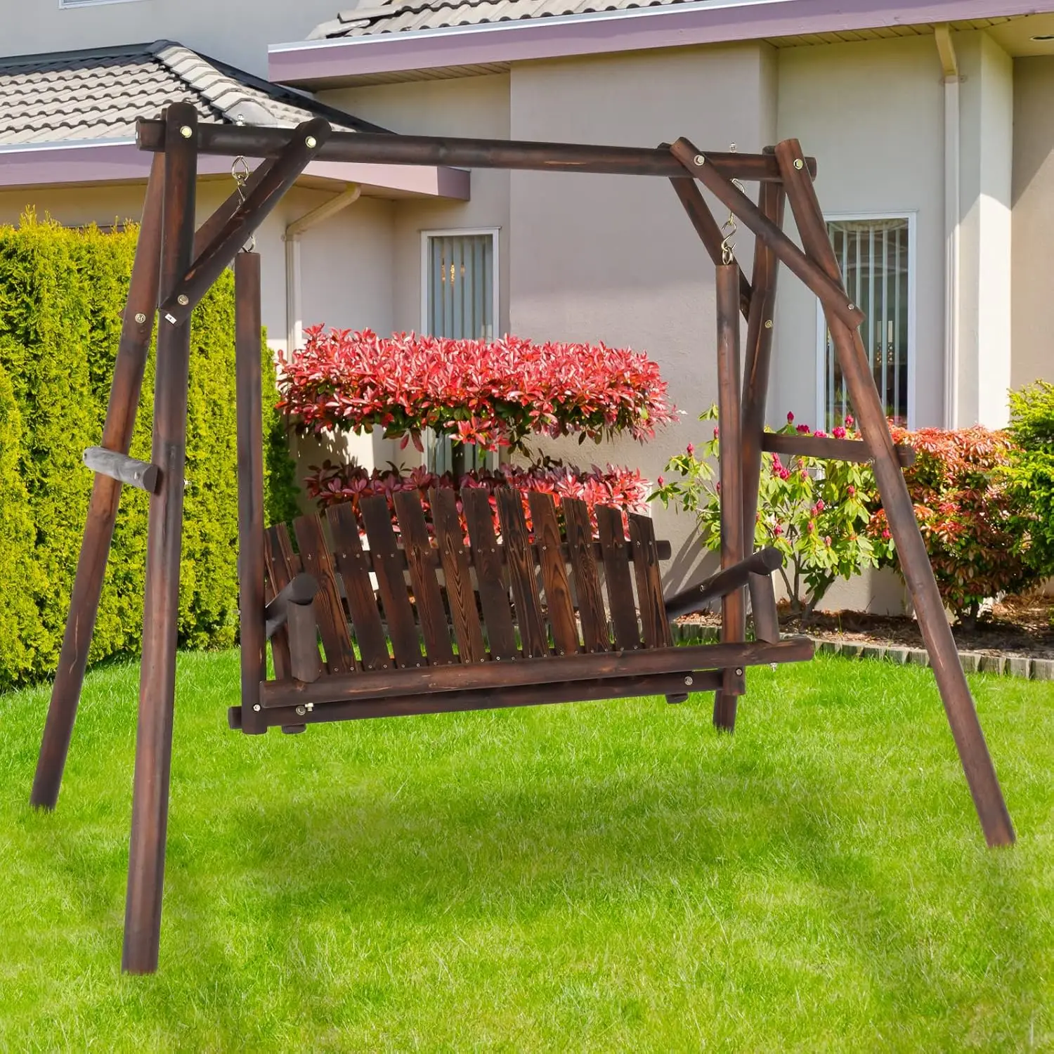 VINGLI Heavy Duty 880 LBS houten terrasverandaschommel met A-frame standaard, hangende schommelbankstoel met frame voor buiten