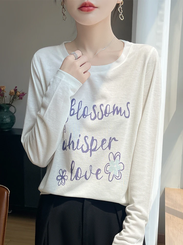 

Spring Summer 2025 Women's round Ne Long Sve Knitted Top Casual Lightweight UV Protection Letter Embroidery Versatile Top