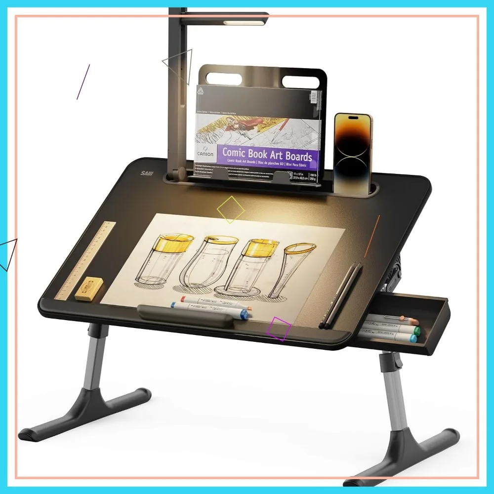 

Adjustable Laptop Table with LED Light, Foldable Bed Desk for Reading Writing Drawing in Black