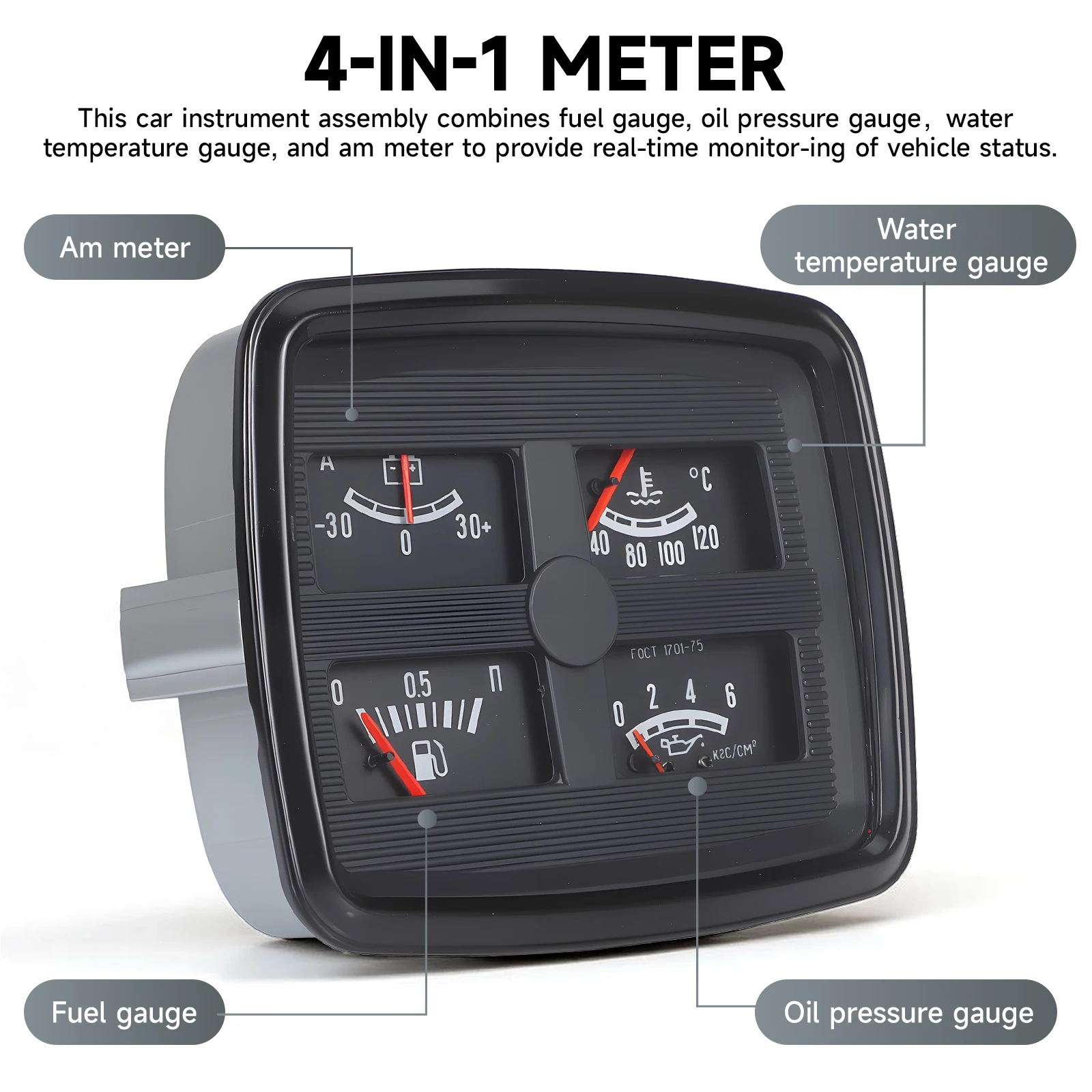 4 in 1 Car Multifunction Instrument Panel Assembly Fuel Gauge Oil Pressure Gauge Water Temperature Gauge Ammeter Fit For Tractor