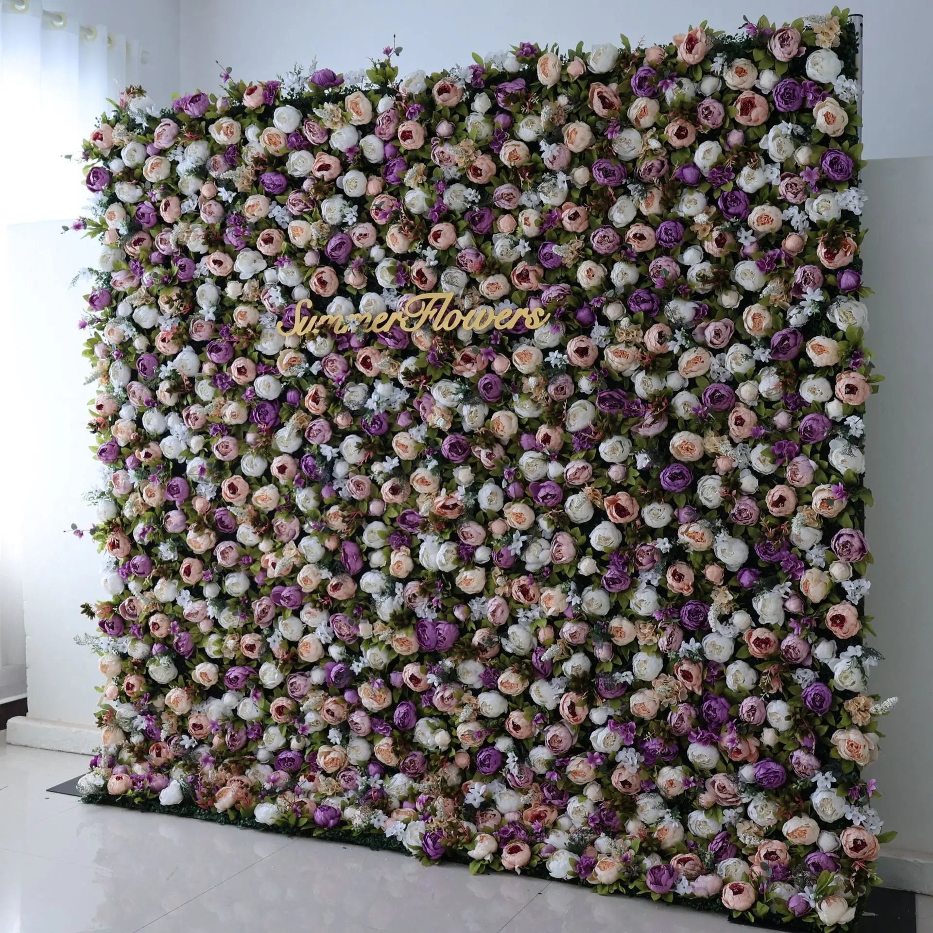 3D mixed flower series luxury purple roses white peony green leaves artificial rose wall Birthday party outdoor wedding