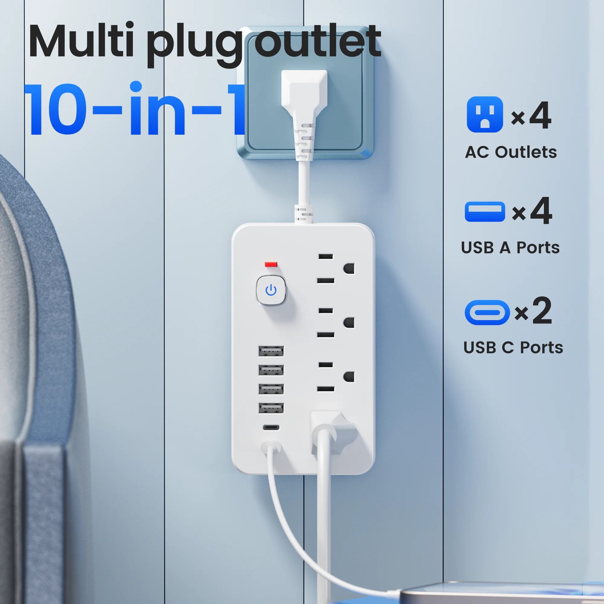 

Power strip Surge protection and control switches. 4 AC power outlets and 6 USB ports (2 TYPE-C ports) in a short-cord design.