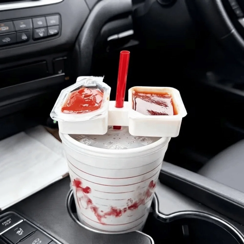 Universal 3D Printed Car Cup Holder Insert 2 Grids Compact Car Sauce Holder Plastic Fast Food Dipping Tray Road Trip Use