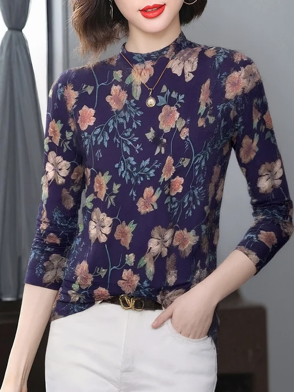 

Elegant High Collar Long Sleeve Printed T-Shirt Women's Slim Fit Fashionable Top for Middle-Aged And Elderly Mothers