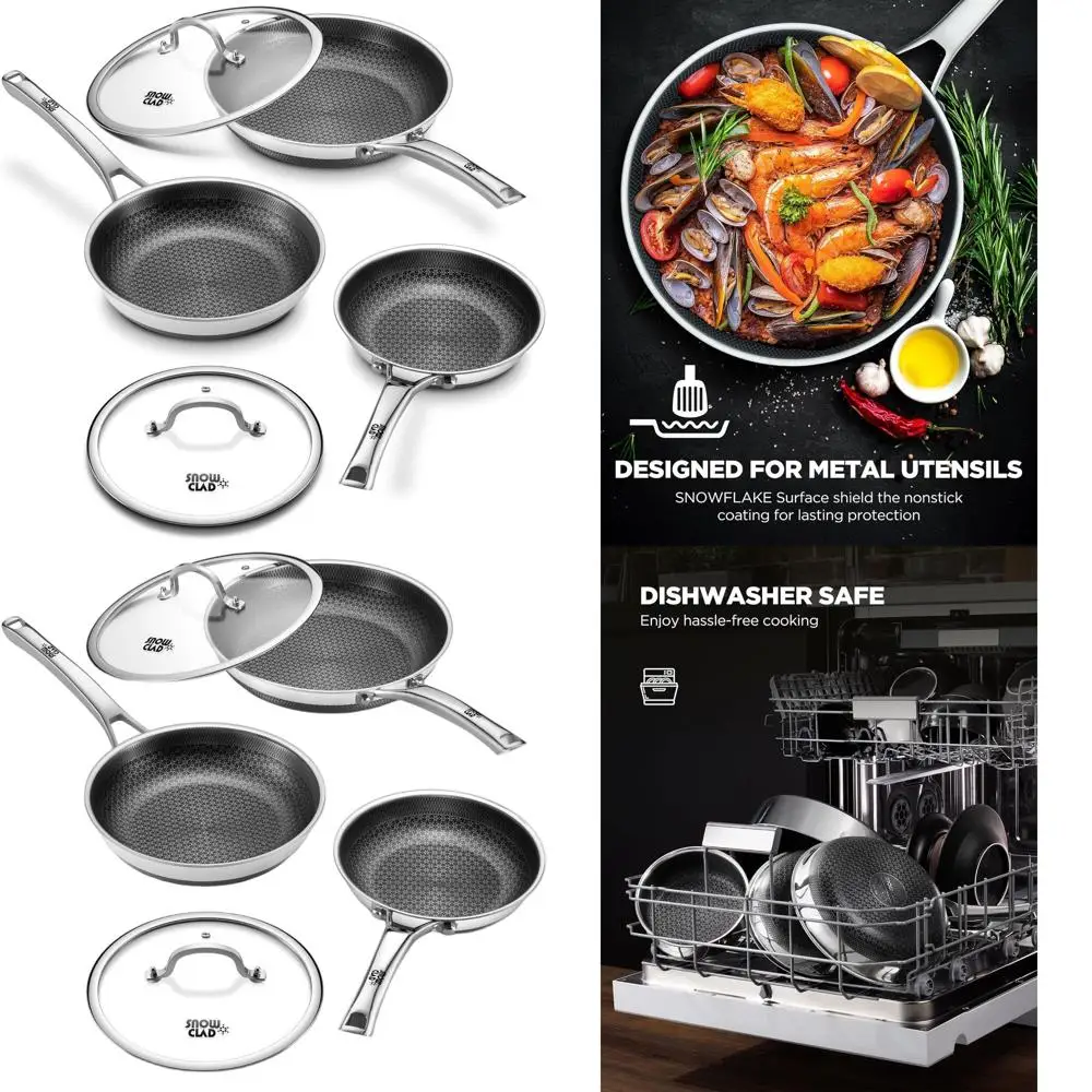 

Tri-Ply Nonstick Cookware Set: 8, 10 & 12 Inch Frying Pans with Lids, Stainless Steel, Oven and Dishwasher Safe, Induction Ready