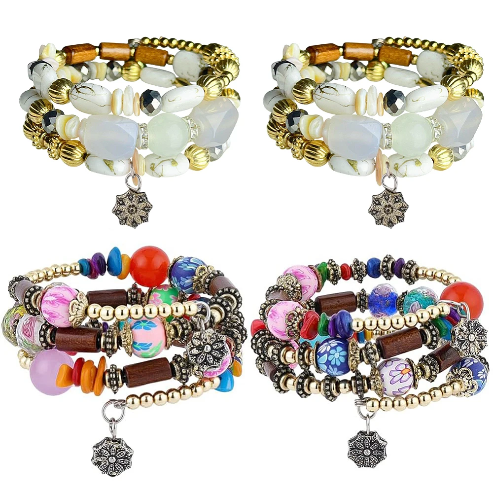 4PCS Stackable Bead Bracelets Boho Multilayer Irregular Turquoise Wood Vintage Ethnic Beaded Handmade Strand Bangle Charm