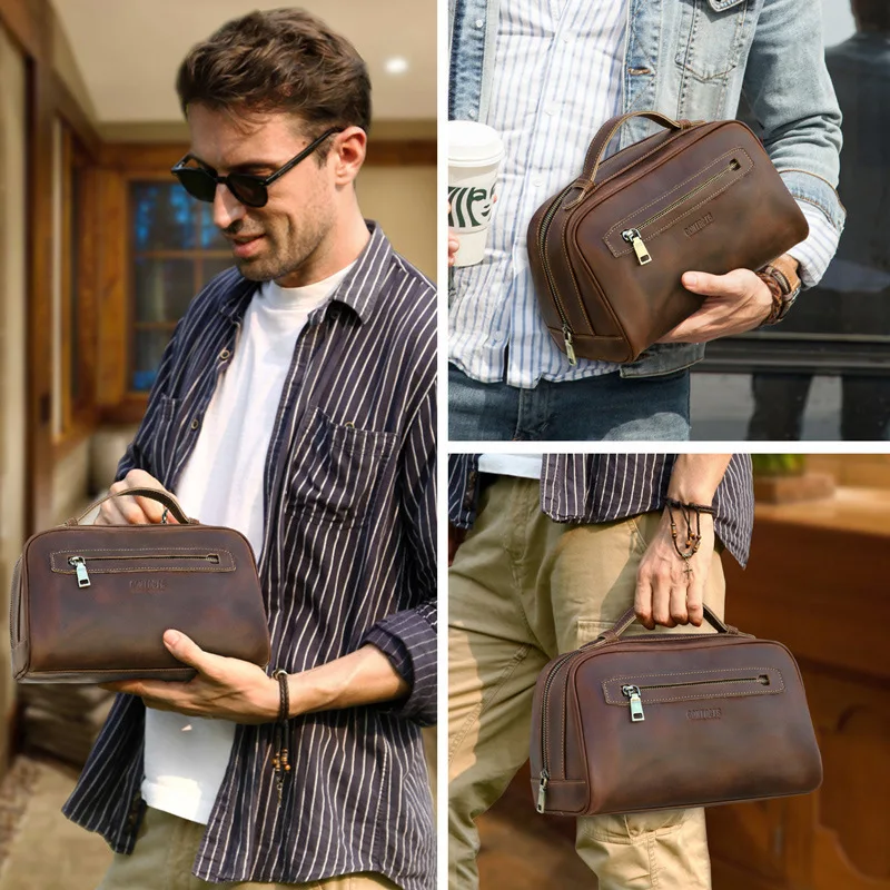 New Fashion British Style Crazy Horse Cowhide Handheld Unisex Storage Large Capacity Genuine Leather Washing Large Capacity Bags