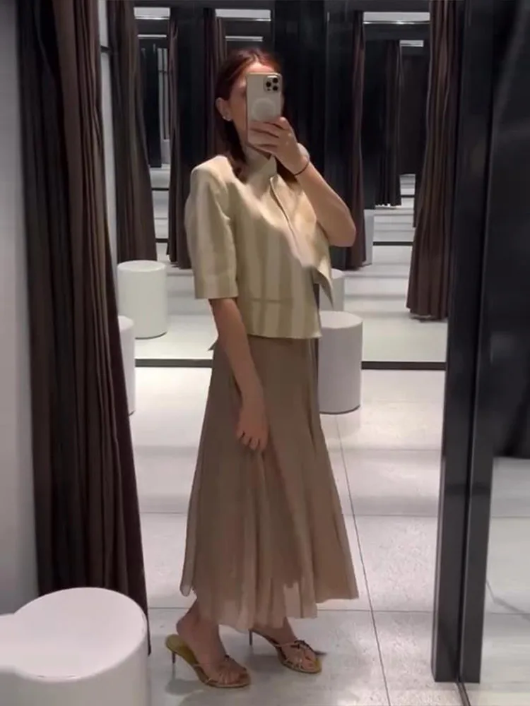 Kurzärmeliger Gestreifter Cropped-Anzugblazer für Damen, Eleganter Stehkragen, Einreihig mit Seitlicher Knopfleiste, Lockerer Mantel, Schicker Damen-Pendler-Oberteil – Detail 13