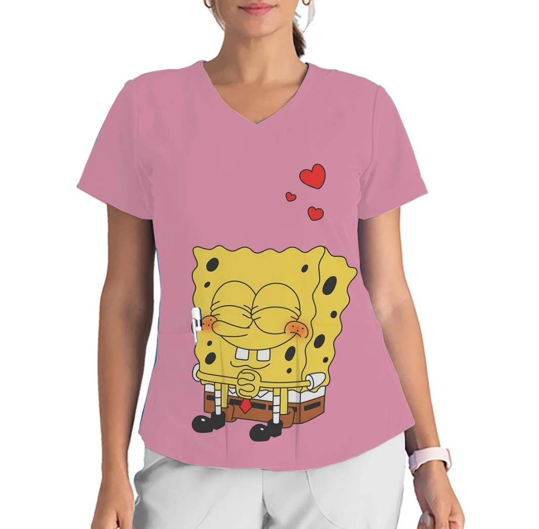 Women's Doctor Nursing Short Sleeve Work Clothes Beauty Salon Tops SpongeBob Print Tops Work Clothes V-Neck Print Scrub Top