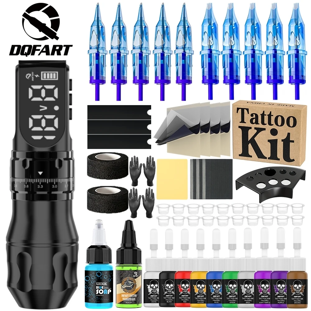 DQFART New In T9 Led Digltal Display Alloy 1700mAh Electric Wireless Tattoo Machine Set Tattoo Ink Blue Soap Transfer Paper