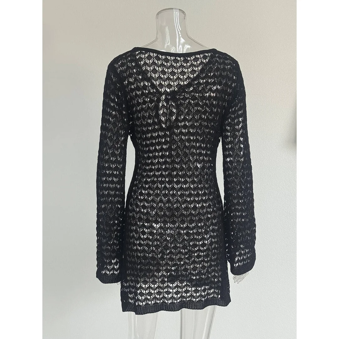S - XL Langarm-Tunika mit Ausschnitten, gehäkelt, Strick, Strandkleid, Strandmode, Damen V6507 – Detail 19