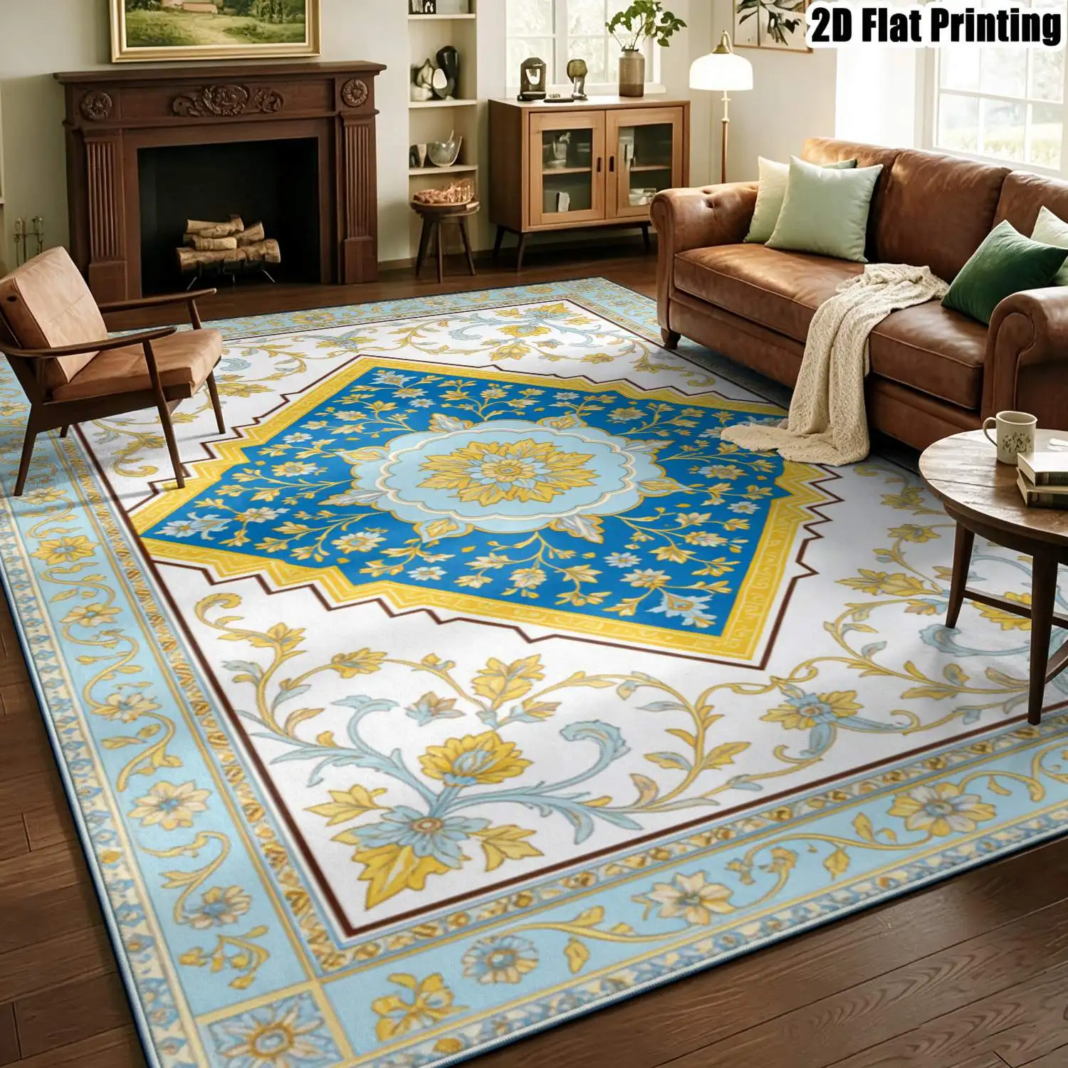 1Pc 2D Printed Carpet: Yellow & Blue Retro Floral, European Style, Washable, Multi-Size, Home Decor for Multiple Scenarios