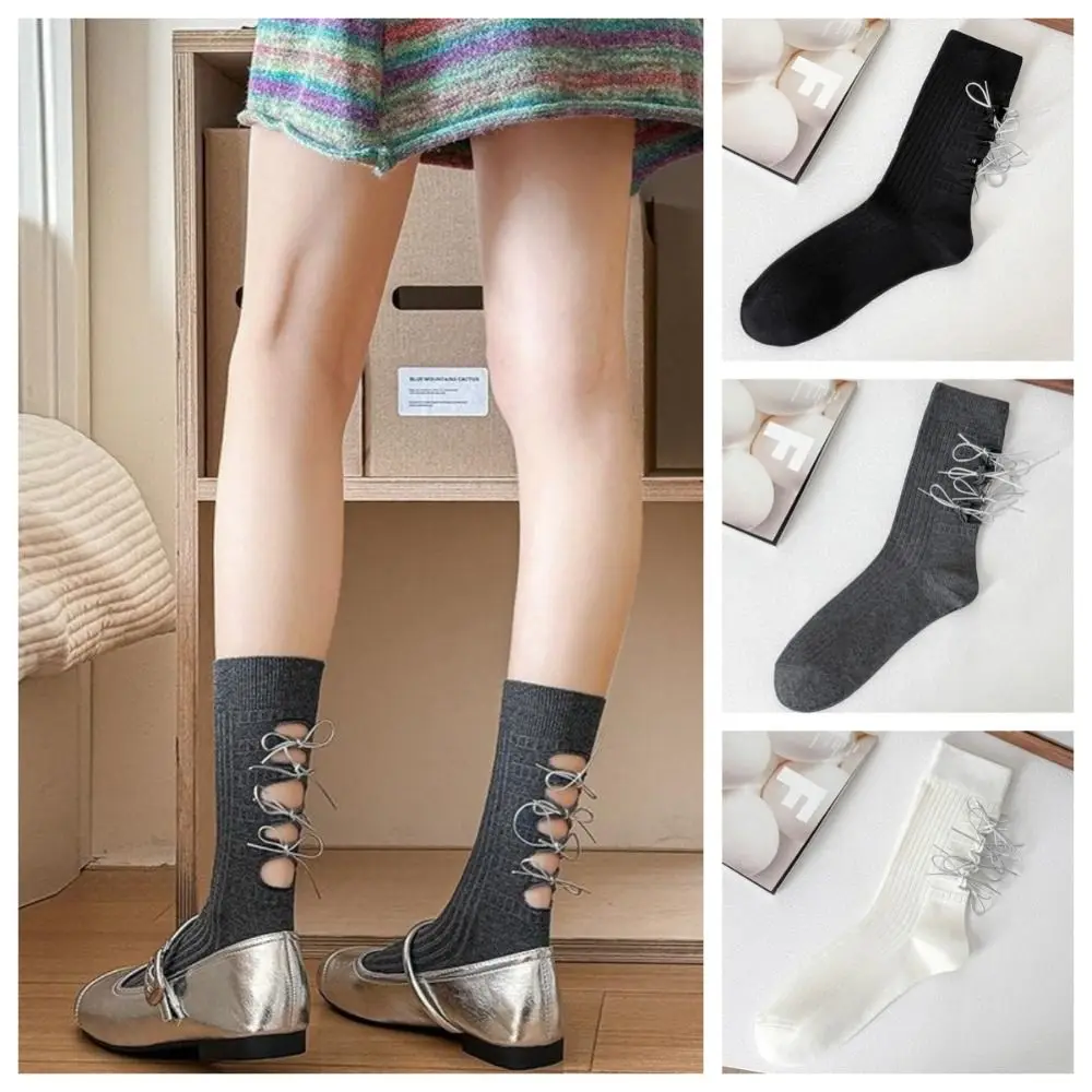 

Comfortable Sweet Cotton Socks for Women Ballet Style Solid Color Mid Calf Socks Mid Tube Hosiery Ripped Lacing Socks Student