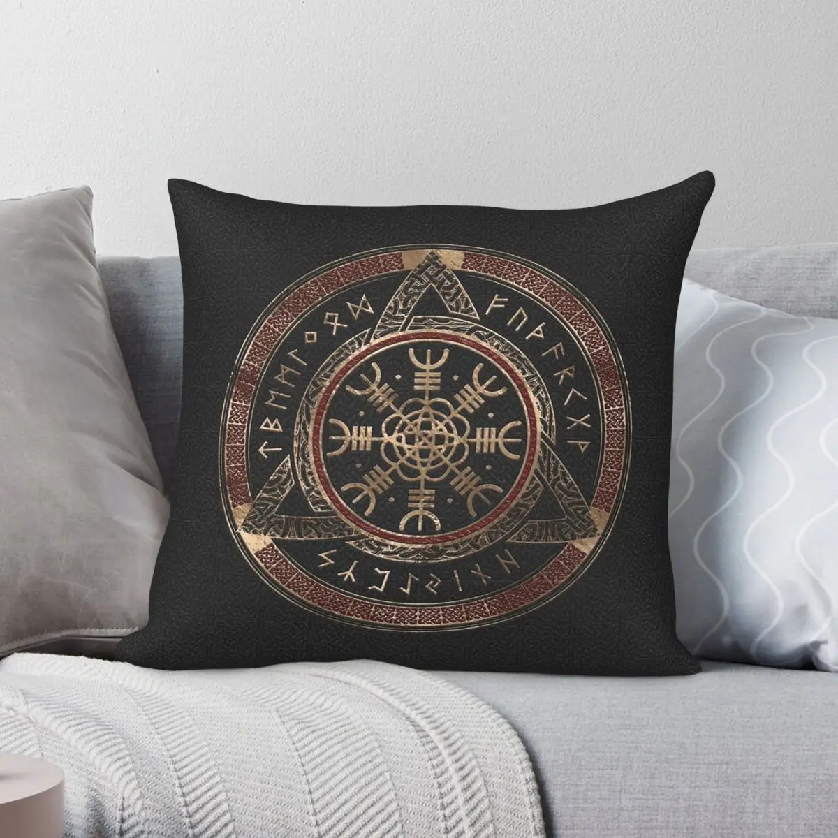 Housse de coussin carrée en polyester et velours, motif Helm Of Awe, noir et or, avec fermeture éclair créative, pour la maison, 45x45