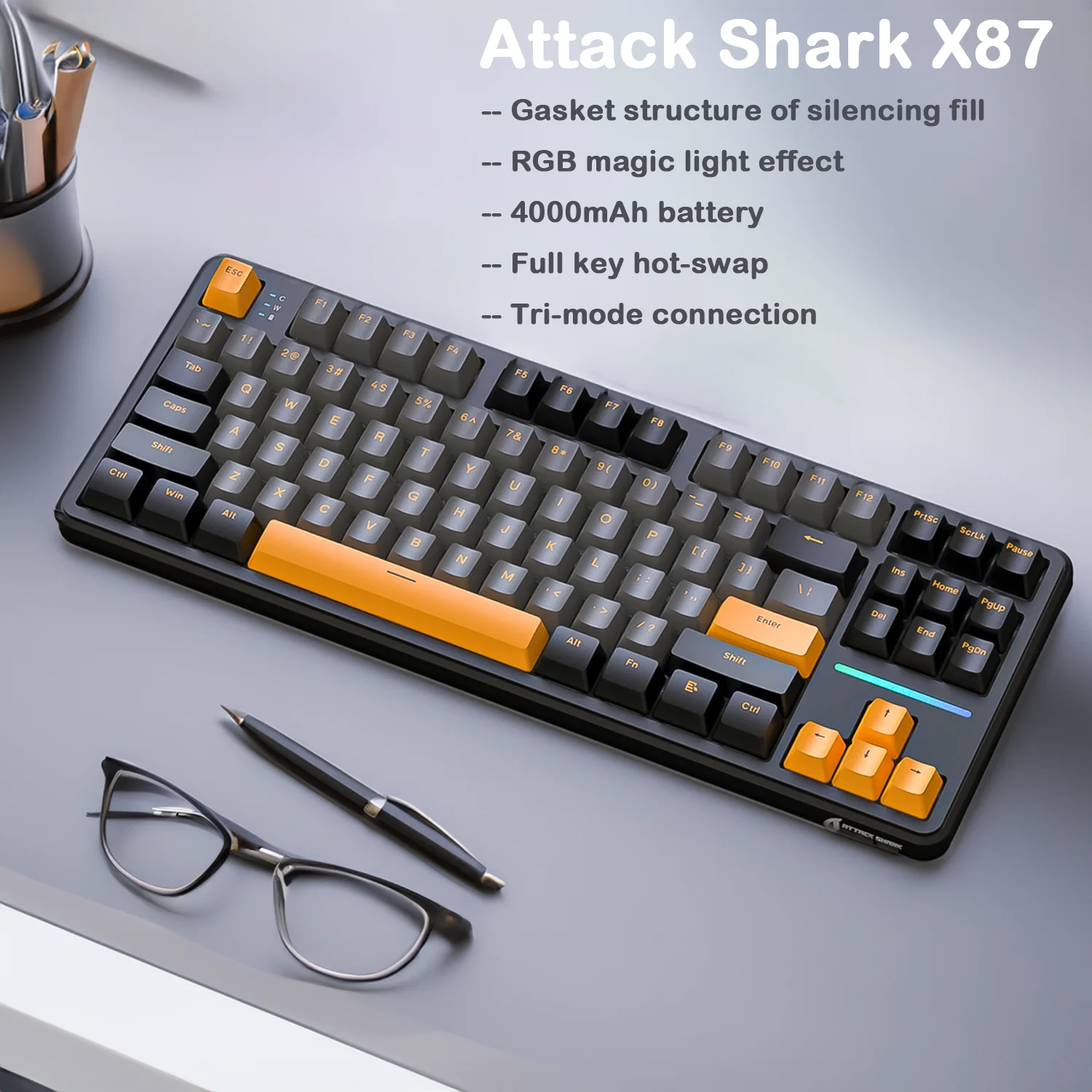 ATTACK SHARK X87 Wireless Mechanical Keyboard 87 Keys TKL Gasket Hot Swap RGB Tri Mode Bluetooth 2.4G USB-C