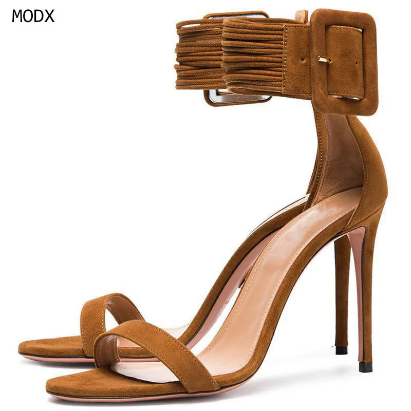 Women Coffee Brown Suede Ankle Strap Sandals, Multi Pleated Wide Cuff Oversized Thin Stiletto High Heels for Wedding Evening Par