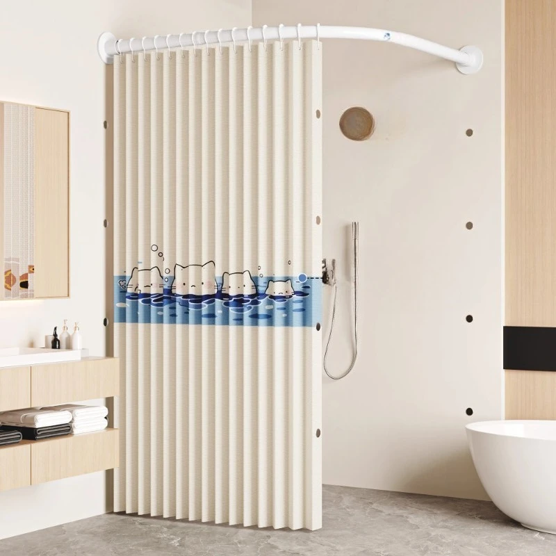

Folding curved bathroom partition curtain, shower curtain waterproof curtain free of punching L type