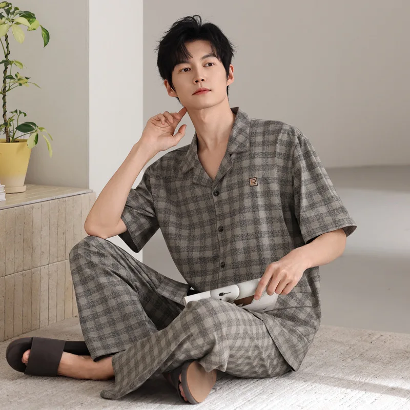 Summer New Cotton Man Grid Pajamas Short Sleeves Tos Long Pants Suit Nightwear Casual Thin Home Clothes Comfortable Sleepwear