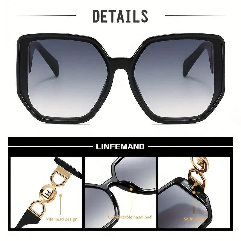 LINFEMAND Große quadratische dekorative Mode-Sonnenbrille UV400 Damen-Design Sommer trendige Dressing-Urlaubsgeschenke – Detail 2