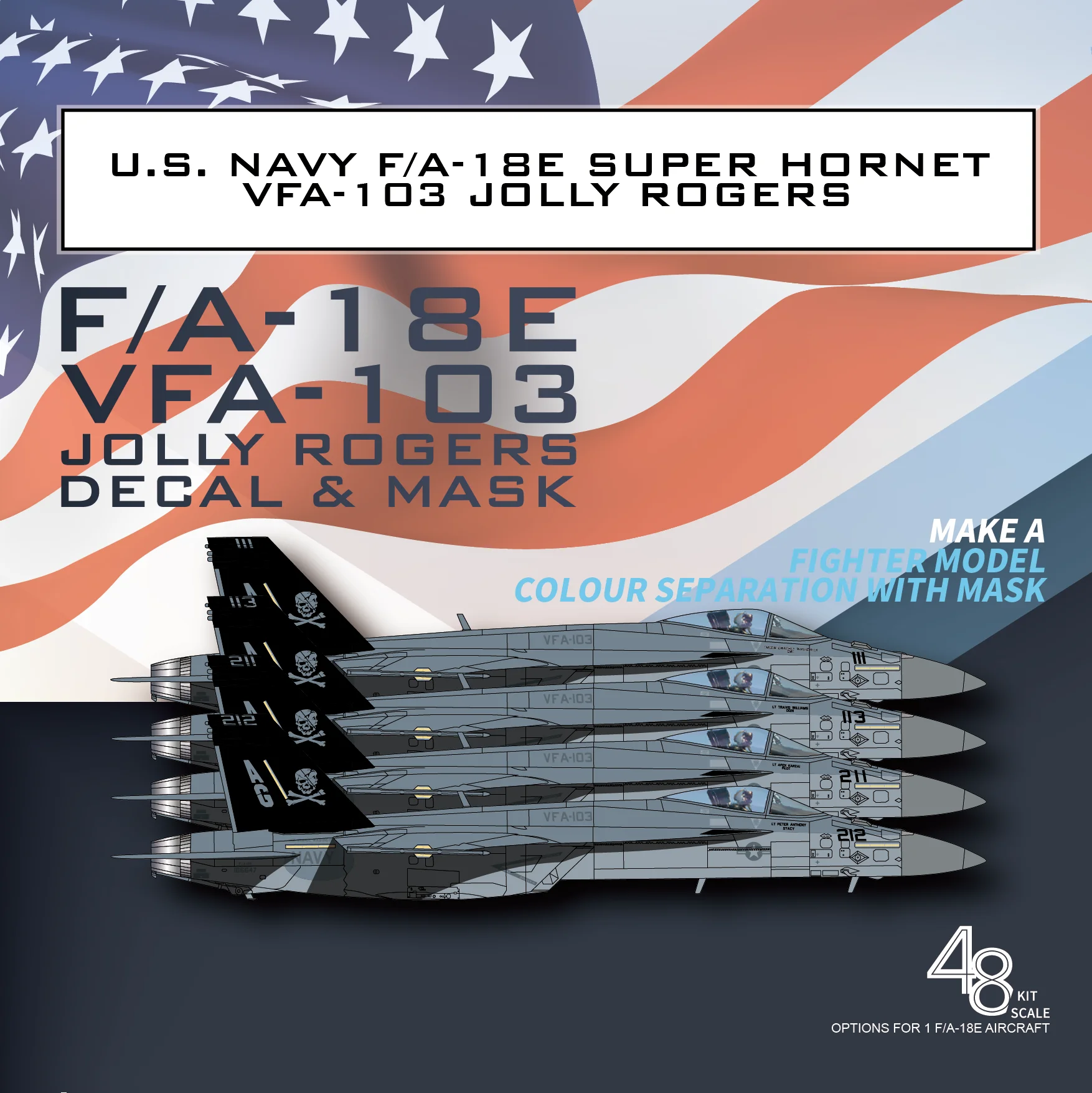 GALAXY G48156 Water‑Slide Decals for US Navy F/A‑18E Super Hornet VFA‑103 Jolly Rogers, Model Aircraft Marking Transfer Stickers