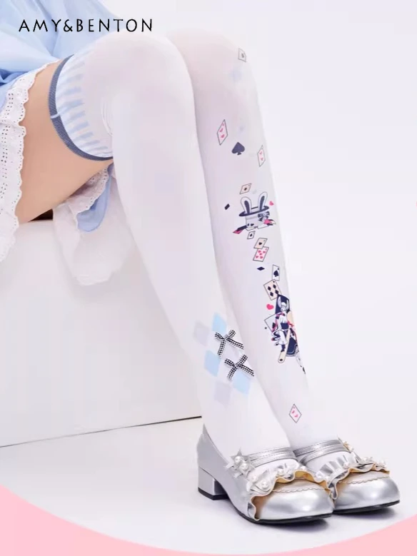 

Original Cartoon Print Thigh-High Stockings 3D Bow Lolita Over-the-Knee Socks Subculture Gothic Sexy Slim Pantyhose for Women